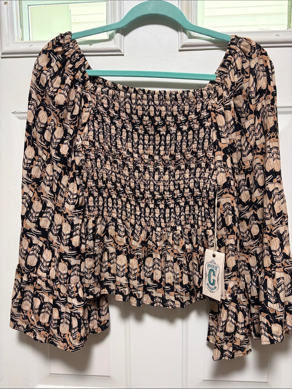 Smocked Off-Shoulder Blouse in Beige and Black
